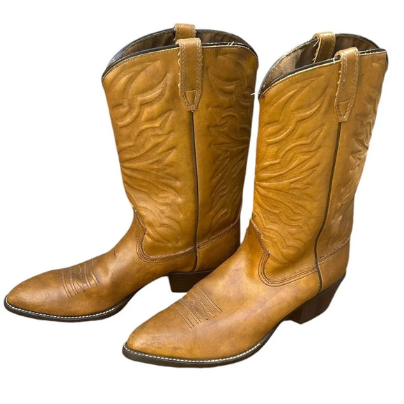 Vintage Other - Vintage Tan Brown Cowboy  Boots Size 12 Vegan Leather 70s Western Embroidery